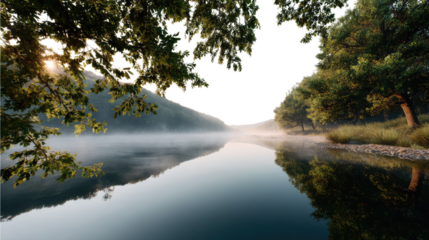 Serene River at Sunrise: Mist hangs over a calm river reflecting the tranquil sunrise. Lush green trees frame the scene, creating a sense of serenity and peace. 