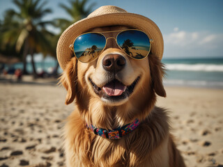 Portrait of a cheerful dog on a tropical beach 