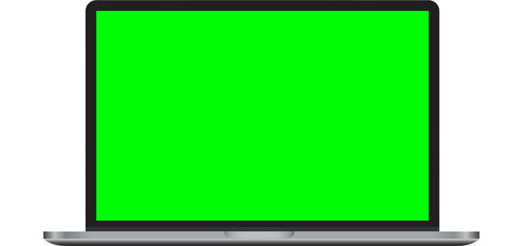 A laptop computer with a bright green screen displayed against a black background in a studio shot