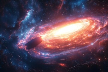 Spaceship entering fiery nebula, cosmic background, science fiction art