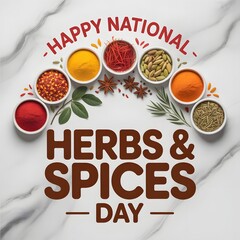 A vibrant overhead shot of various spices and herbs, arranged artistically on a dark slate surface. Colorful Spices and Herbs Celebrates National Herb and Spice Day.