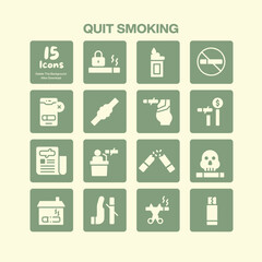 Quit smoking icons collection representing health awareness addiction cessation and public service messages for a smoke free lifestyle