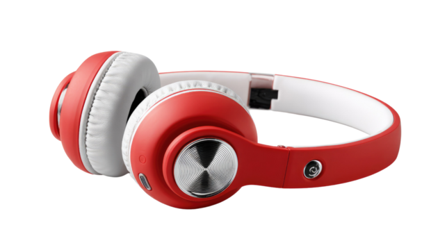 Red Wireless Headphones: Vivid, modern red wireless headphones with a sleek, minimalist design, perfect for audiophiles who desire both style and quality.