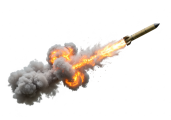 Launching rocket with fire and smoke isolated on transparent background