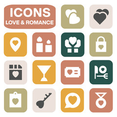 Love and romance themed icons set in soft vintage colors perfect for Valentine's Day engagement dating wedding anniversary and sweet relationship concepts graphic design elements
