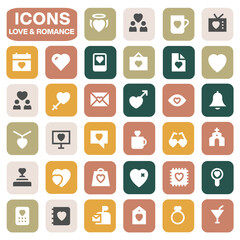 Love and romance themed icons set in soft vintage colors perfect for Valentine's Day engagement dating wedding anniversary and sweet relationship concepts graphic design elements