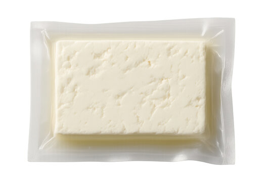 Vacuum-packed feta cheese block isolated on transparent background