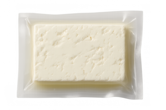 Vacuum-packed feta cheese block isolated on transparent background