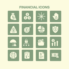 A comprehensive set of sixteen financial icons representing various aspects of money management risk assessment security and data analysis for business and economic themes