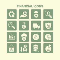 A comprehensive set of sixteen financial icons representing various aspects of money management risk assessment security and data analysis for business and economic themes