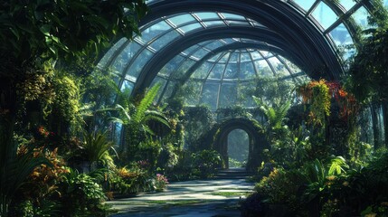 A lush greenhouse interior, filled with tropical plants and vibrant greenery.