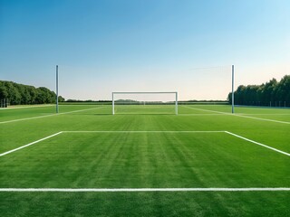 Empty Football Pitch with Goal and Clear Sky.