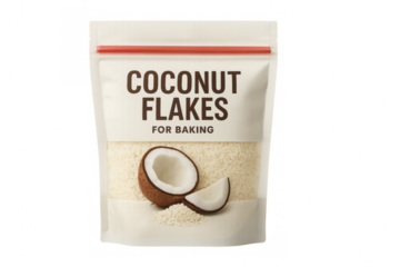 Coconut flakes in resealable pouch packaging for baking showing fresh coconut halves on transparent background