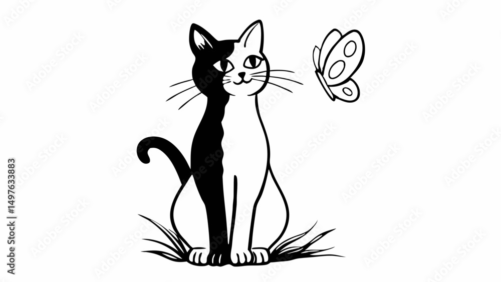 Poster black and white cat sitting in grass looking at a butterfly with a simple outline design style image