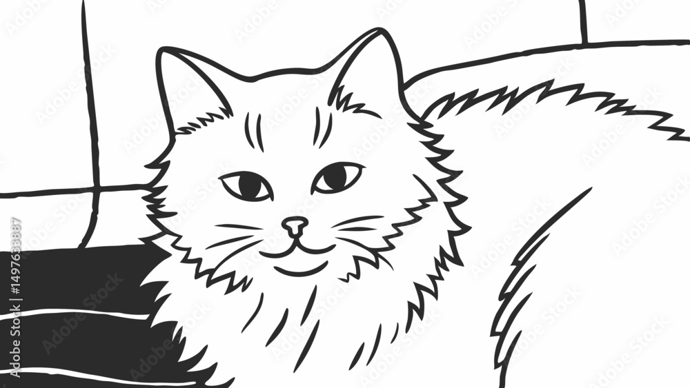 Poster a fluffy white cat with black outlines sitting near a window in a simple black and white drawing sty