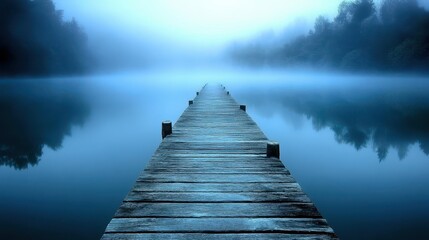 Obraz premium A wooden pier extends into a misty, calm lake with tree reflections. Use this to show serenity, mystery, or a reflective moment.