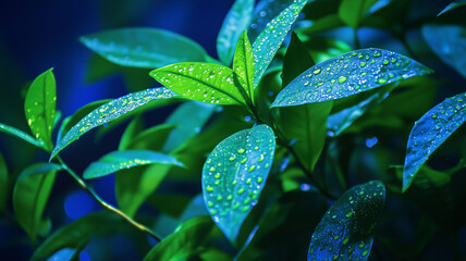Close-Up of Lush Green Leaves Glowing Under Soft Lighting with Dew Drops for a Calm Vibe (6)