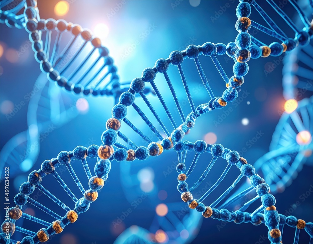 Poster abstract 3d rendering of a dna double helix structure in vibrant blue and gold hues against a blurre