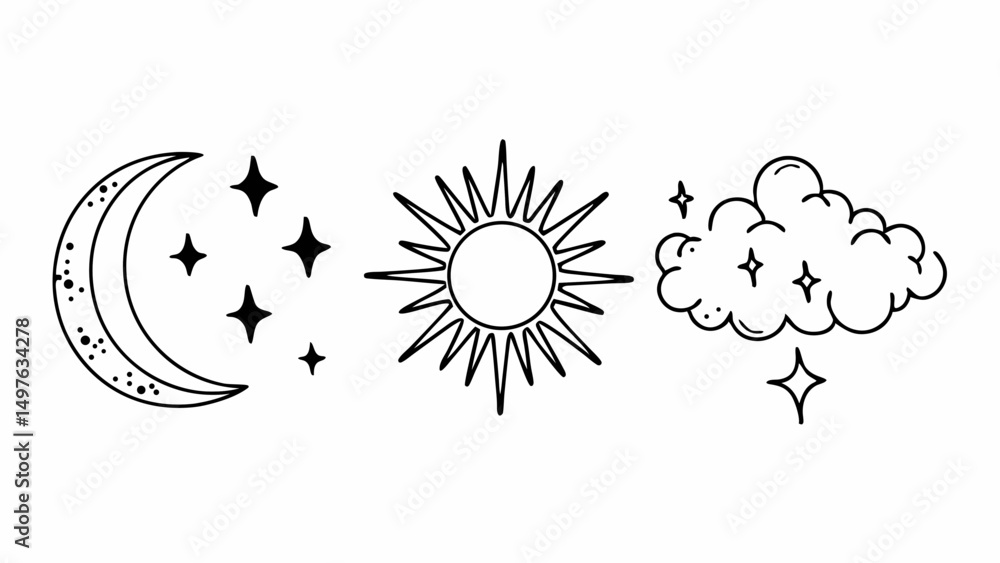 Poster celestial line art featuring moon with stars sun and cloud with stars in a simple and elegant design