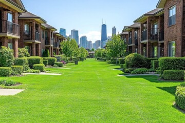 Lush green lawn between apartment buildings with city skyline view.