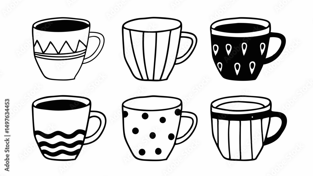 Poster collection of six uniquely designed coffee mugs with various patterns and filled with dark liquid cr