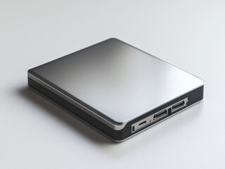 Fototapeta premium A portable external hard drive, isolated on a white surface, showcasing its sleek, slim design, no shadow.