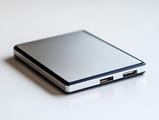 A portable external hard drive, isolated on a white surface, showcasing its sleek, slim design, no shadow.