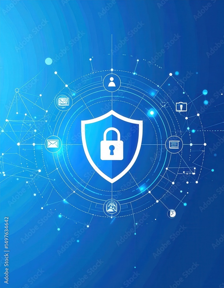 Poster abstract digital security concept with a blue shield and padlock on a glowing network background.