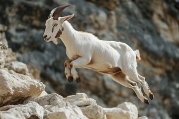 Fototapeta premium Mountain Goat Leaping Over Rocks
