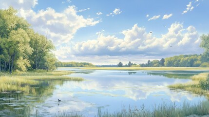 Fototapeta premium A serene lake reflects the sky under a vast landscape with vibrant trees.