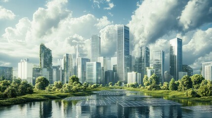 Fototapeta premium Eco-friendly city with skyscrapers, solar panels and green vegetation.