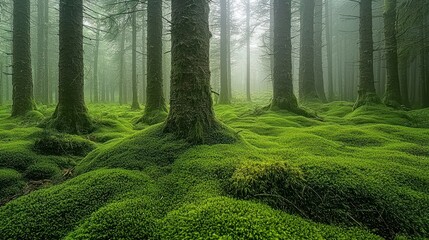 Obraz premium Misty forest floor blanketed in moss