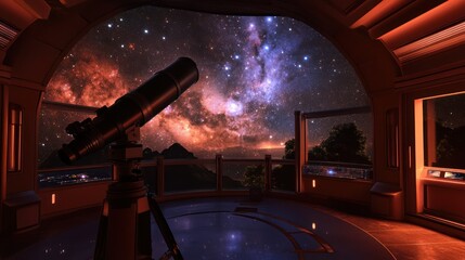 Telescope in an observatory looks out at the night sky full of stars.