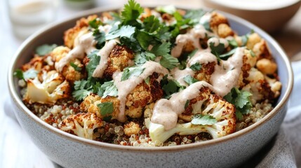 Roasted cauliflower and quinoa bowl with tahini dressing and cilantro.