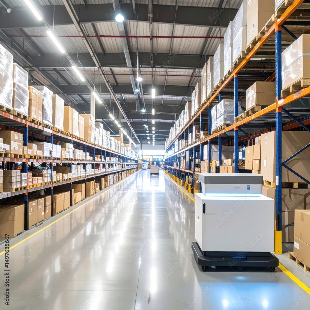 Poster automated guided vehicle navigating a warehouse aisle filled with stacked cardboard boxes.