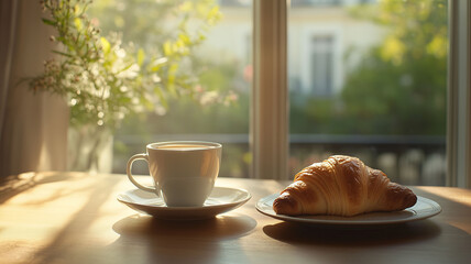Cozy Morning Breakfast with Hot Espresso and Fresh Croissant Bathed in Soft Natural Light (13)