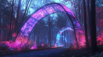 Glowing arches illuminate a path through a mystical, ethereal forest.