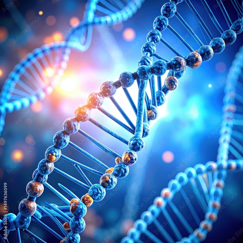 Poster 3d rendering of a dna double helix in blue and gold tones against a dark background with bokeh light