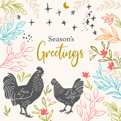 Spring Chickens with Plants Vector Frame Background