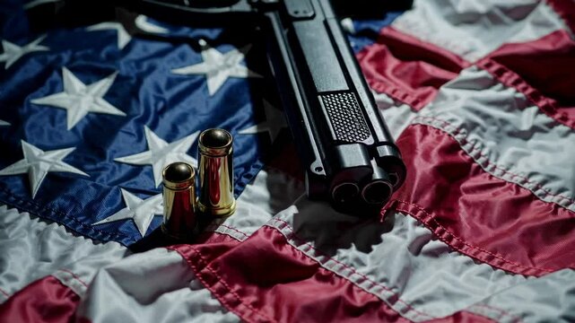 Closeup sequence of handgun and bullets on american flag depicting patriotism and power