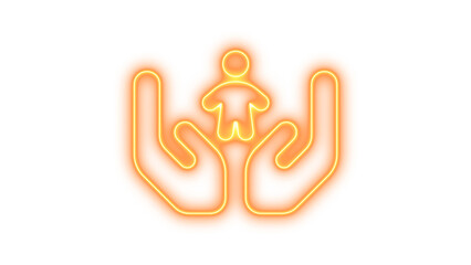 Fototapeta premium Neon hands holding child icon glow with transparent background