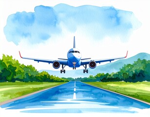 Naklejka premium The airplane takes off gracefully, ascending rapidly into the distance, hand-drawn watercolor illustration