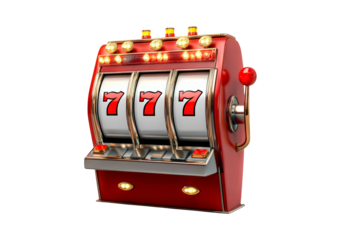 Classic slot machine displaying three sevens isolated on transparent background
