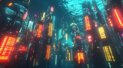 Fototapeta premium Underwater futuristic city with glowing buildings and vibrant neon lights.