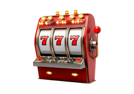 Classic slot machine displaying three sevens isolated on transparent background