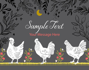 Chickens at Night Vector Card Background