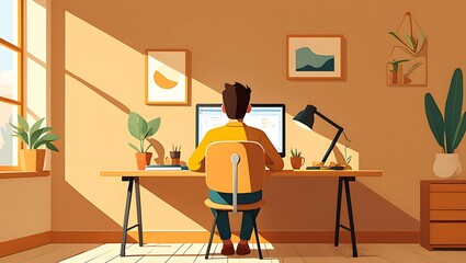 Sunlight Streams into Cozy Home Office Productivity and Remote Work Setup