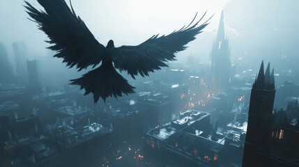 Obraz premium Dark bird flying over gothic city, smoke, fog.