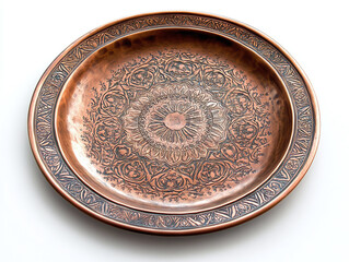Fototapeta premium A hand-engraved copper plate, isolated on a white surface, showcasing detailed patterns and no shadow.