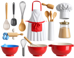 Red & white kitchenware, apron, chef's hat, bowls, whisks, spoons, rolling pin